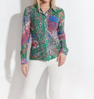 Oolala Printed Button Front Mesh Shirt In Green