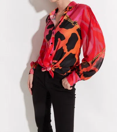Oolala Printed Button Front Shirt In Fuchsia In Pink