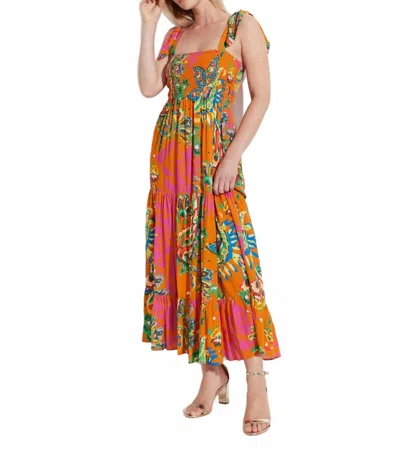 Oolala Smocked Floral Dress In Orange Multi In Brown