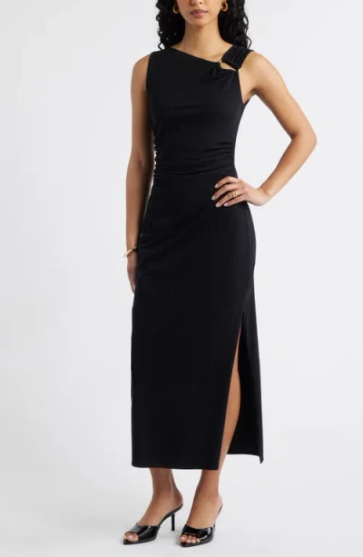 Open Edit Asymmetric Neck Midi Dress In Black