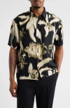Open Edit Botanical Print Short Sleeve Button-up Shirt In Black