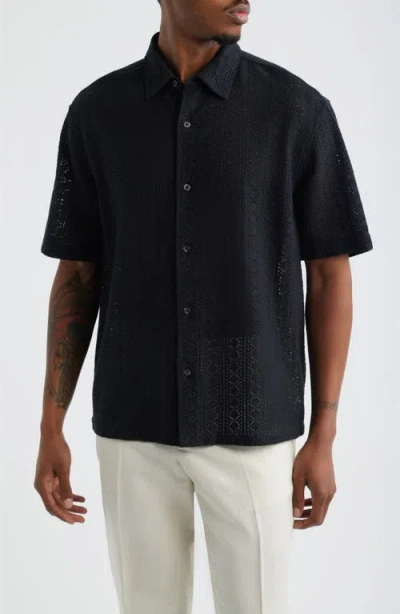 Open Edit Boxy Lace Short Sleeve Button-up Shirt In Blue