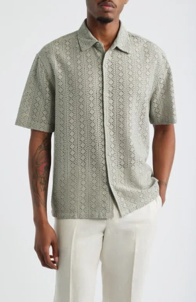 Open Edit Boxy Lace Short Sleeve Button-up Shirt In Green