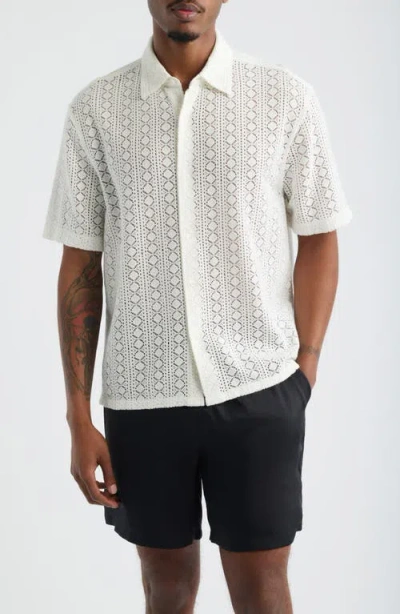 Open Edit Boxy Lace Short Sleeve Button-up Shirt In White