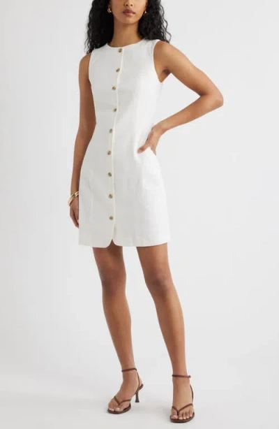 Open Edit Button Front Linen Blend Dress In White