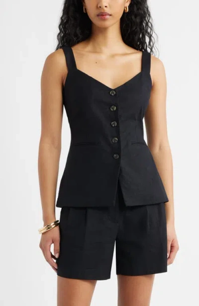 Open Edit Button Front Linen Blend Tank In Black