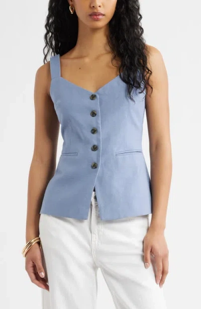 Open Edit Button Front Linen Blend Tank In Blue