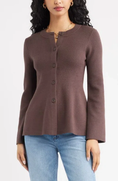 Open Edit Button Front Peplum Cardigan In Brown