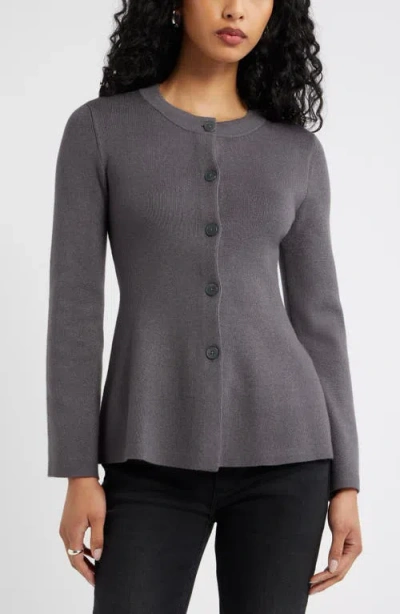 Open Edit Button Front Peplum Cardigan In Gray