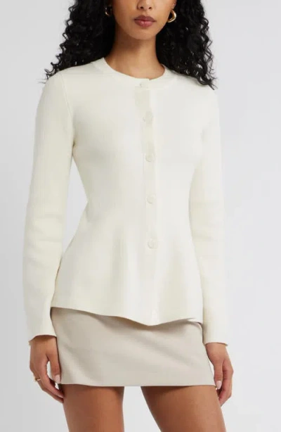 Open Edit Button Front Peplum Cardigan In White
