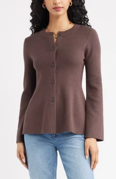 Open Edit Button Front Peplum Cardigan In Purple