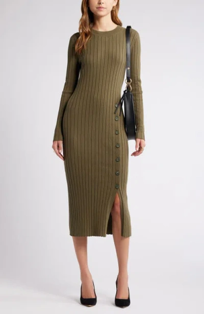 Open Edit Button Sweater Midi Dress In Olive Ivy