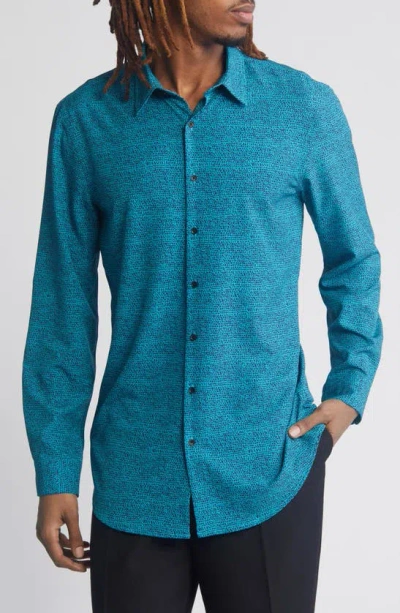 Open Edit Button-up Shirt In Navy- Teal Scribble