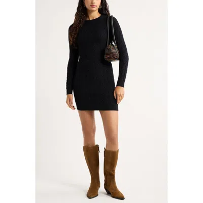 Open Edit Cable Knit Long Sleeve Minidress In Black
