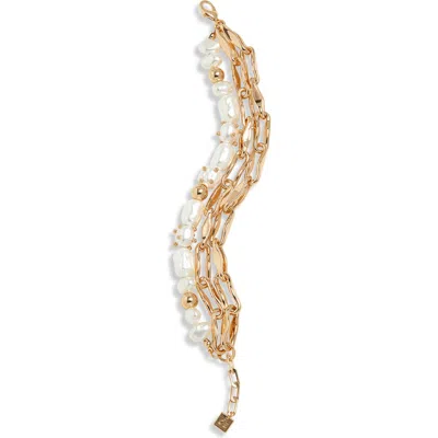 Open Edit Caged Faux Pearl Layered Chain Bracelet In White- Gold