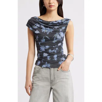 Open Edit Cap Sleeve Mesh Top In Blue