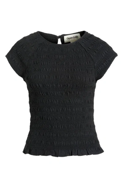 Open Edit Cap Sleeve Smocked Top In Black