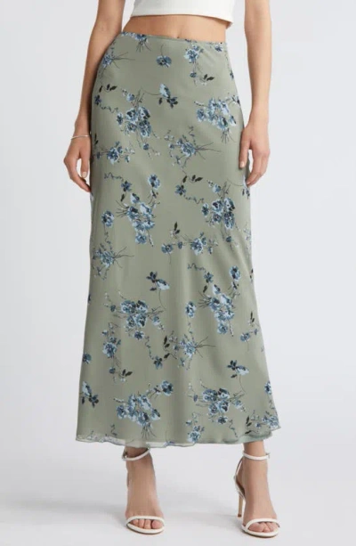 Open Edit Chiffon Maxi Skirt In Green- Blue Smudge Floral