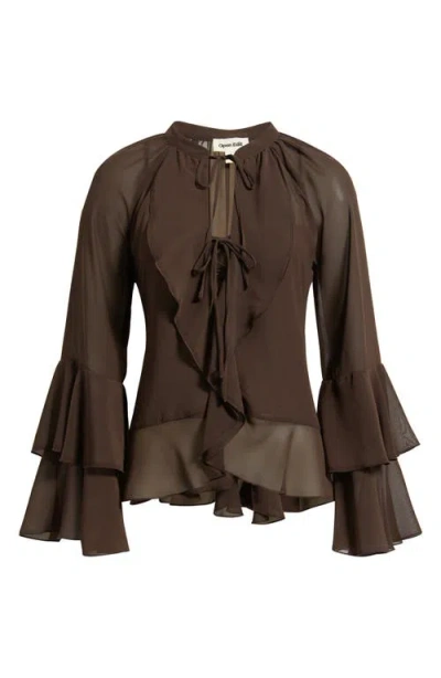 Open Edit Chiffon Ruffle Trim Top In Brown