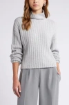 Open Edit Cotton Blend Rib Funnel Neck Sweater In Grey Heather