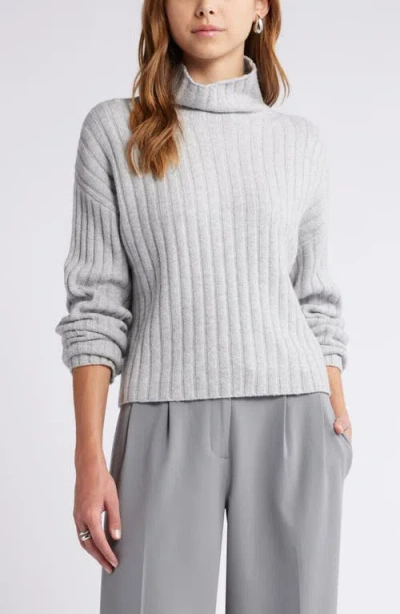 Open Edit Cotton Blend Rib Funnel Neck Sweater In Grey Heather