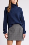 Open Edit Cotton Blend Rib Funnel Neck Sweater In Navy Blazer