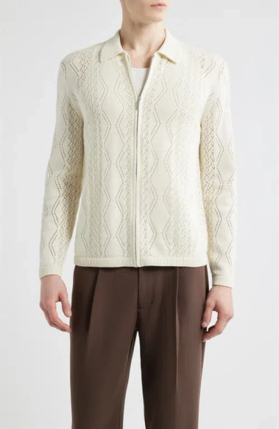 Open Edit Cotton Pointelle Zip Cardigan In White