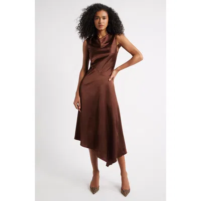 Open Edit Cowl Neck Asymmetric Satin Midi Dress