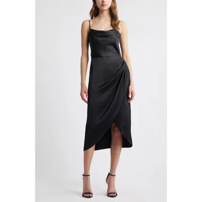Open Edit Cowl Neck Satin Midi Dress In Black