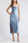 Open Edit Cowl Neck Satin Slipdress In Blue Chambray