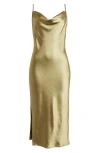 Open Edit Cowl Neck Satin Slipdress In Olive Brine