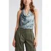 Open Edit Cowl Neck Satin Tank In Green- Blue Smudge Floral