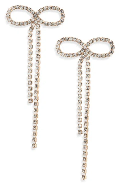 Open Edit Crystal Bow Drop Earrings In Clear- Gold
