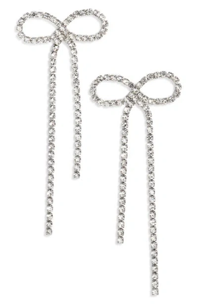 Open Edit Crystal Bow Drop Earrings In Clear- Rhodium
