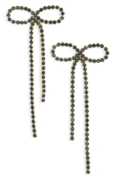 Open Edit Crystal Bow Drop Earrings In Green- Gold