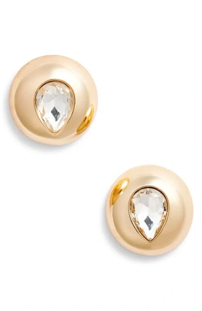 Open Edit Crystal Teardrop Puffy Button Earrings In Clear- Gold