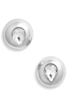 Open Edit Crystal Teardrop Puffy Button Earrings In Clear- Rhodium