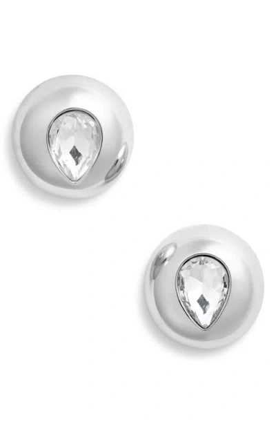 Open Edit Crystal Teardrop Puffy Button Earrings In Clear- Rhodium