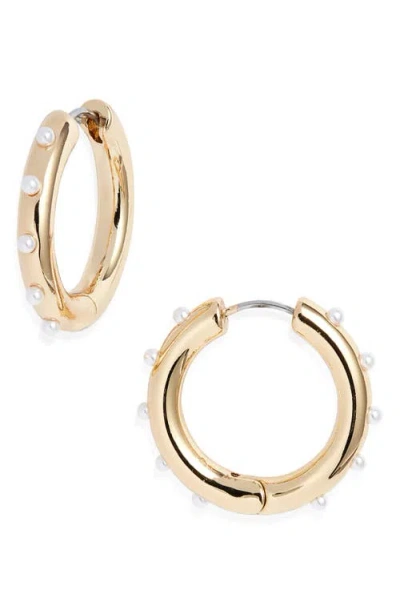 Open Edit Cultured Pearl Studded Hoop Earrings In Gold
