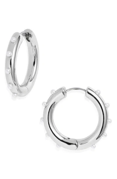 Open Edit Cultured Pearl Studded Hoop Earrings In Metallic