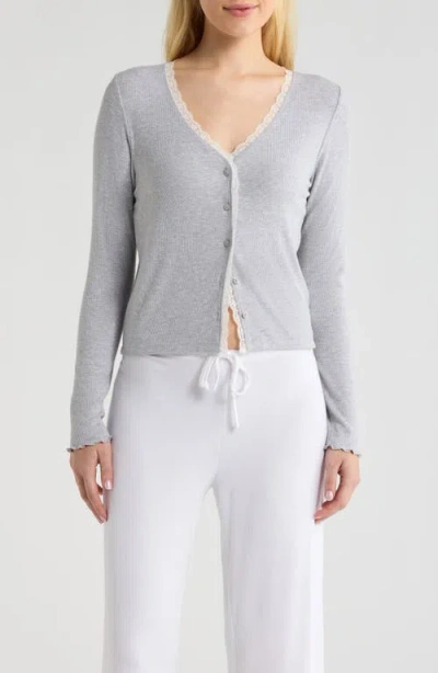 Open Edit Daydream Lace Trim Rib Button-up Lounge Top In Gray