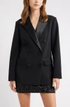Open Edit Double Breasted Satin Trim Blazer In Black