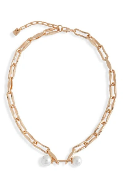 Open Edit Double Faux Pearl Link Necklace In White- Gold