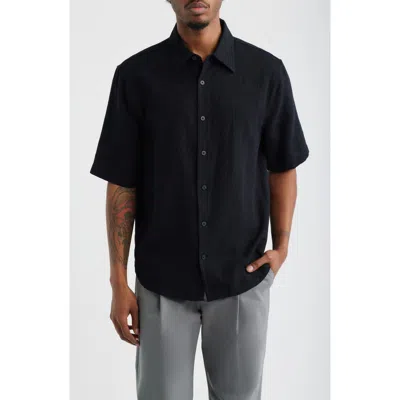 Open Edit Dune Oversize Short Sleeve Wool Blend Jacquard Button-up Shirt In Black