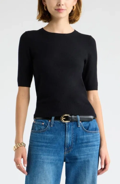 Open Edit Elbow Sleeve Crewneck Sweater In Black