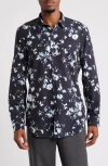 Open Edit Extra Trim Fit Floral Stretch Button-up Shirt In Black- White Winded Floral