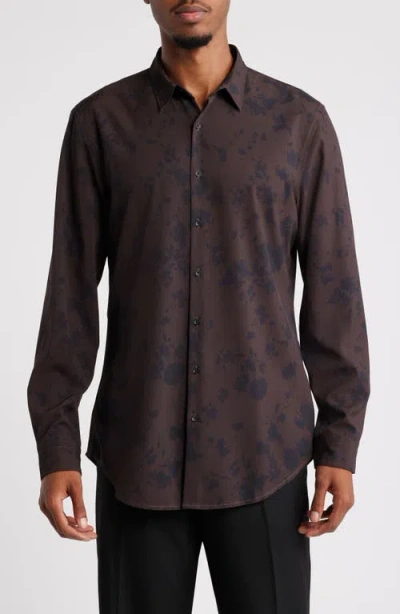 Open Edit Extra Trim Fit Floral Stretch Button-up Shirt In Brown- Black Winded Floral