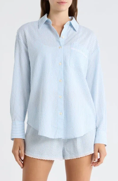 Open Edit Eyelet Trim Seersucker Cotton Pajama Top In Blue