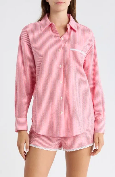 Open Edit Eyelet Trim Seersucker Cotton Pajama Top In Pink