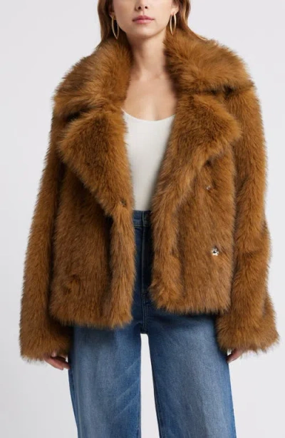 Open Edit Faux Fur Coat In Brown Chestnut